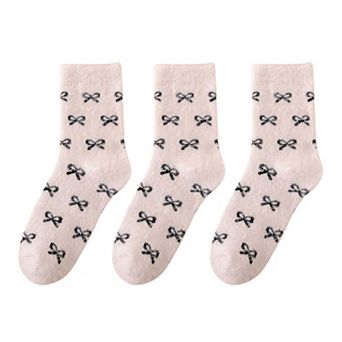 Women's 3-Pack Fuzzy Crew Socks with Allover Bow Pattern Soft Cozy Knit Winter Sock Set