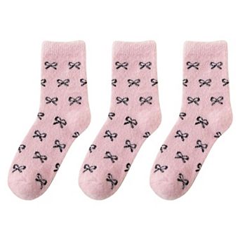 Women's 3-Pack Fuzzy Crew Socks with Allover Bow Pattern Soft Cozy Knit Winter Sock Set