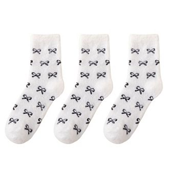 Women's 3-Pack Fuzzy Crew Socks with Allover Bow Pattern Soft Cozy Knit Winter Sock Set