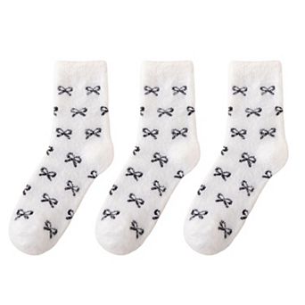 Women's 3-Pack Fuzzy Crew Socks with Allover Bow Pattern Soft Cozy Knit Winter Sock Set