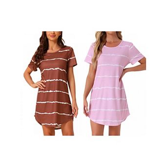 2 Packs Women's Round Neck Nightshirt Striped Short Sleeve Sleepshirt Nightgown