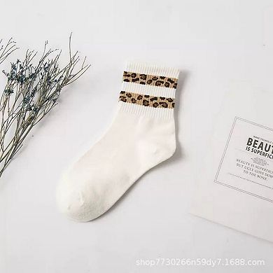 Women's 3-Pack Crew Socks with Ribbed Leopard Print Cuffs and Soft Stretch Knit Design