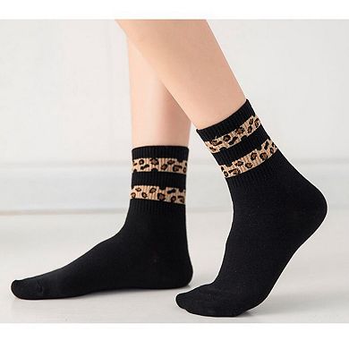Women's 3-Pack Crew Socks with Ribbed Leopard Print Cuffs and Soft Stretch Knit Design