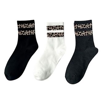 Women's 3-Pack Crew Socks with Ribbed Leopard Print Cuffs and Soft Stretch Knit Design