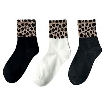 Women's 3-Pack Crew Socks with Ribbed Leopard Print Cuffs and Soft Stretch Knit Design