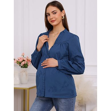 Women's Maternity Button Down Shirts Long Sleeve Jacquard Cotton Prenancy Semi Sheer Blouse Office