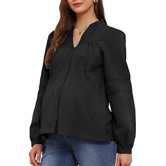 Women's Maternity Button Down Shirts Long Sleeve Jacquard Cotton Prenancy Semi Sheer Blouse Office