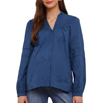 Women's Maternity Button Down Shirts Long Sleeve Jacquard Cotton Prenancy Semi Sheer Blouse Office