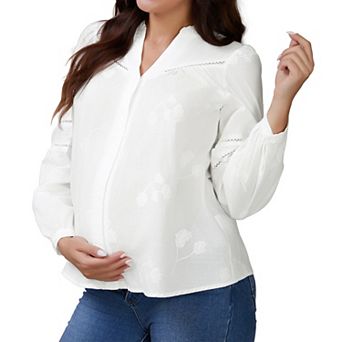 Women's Maternity Button Down Shirts Long Sleeve Jacquard Cotton Prenancy Semi Sheer Blouse Office