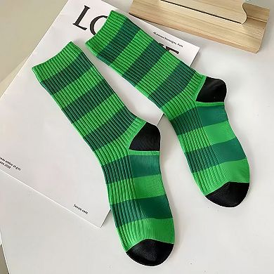 Women's 3-Pack Crew Socks with Wide Ribbed Knit and Bold Horizontal Stripe Pattern
