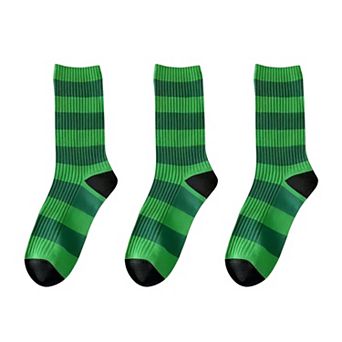 Women's 3-Pack Crew Socks with Wide Ribbed Knit and Bold Horizontal Stripe Pattern