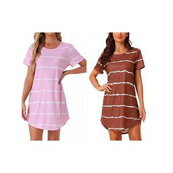 2 Packs Women's Round Neck Nightshirt Striped Short Sleeve Sleepshirt Nightgown