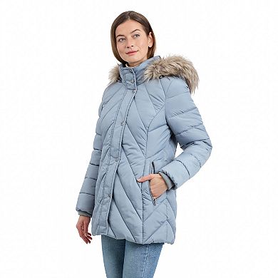 Women's London Fog Chevron Puffer Coat with Faux Fur Trimmed Hood