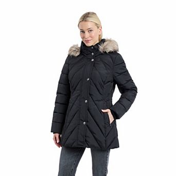 Women's London Fog Chevron Puffer Coat with Faux Fur Trimmed Hood