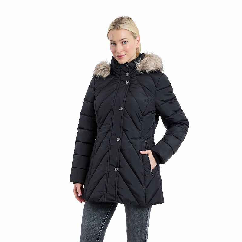 Women's London Fog Chevron Puffer Coat with Faux Fur Trimmed Hood,