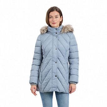 Women's London Fog Chevron Puffer Coat with Faux Fur Trimmed Hood