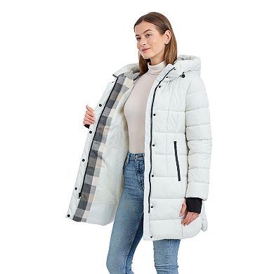 Women's London Fog Puffer Coat with Plaid Lined Hood