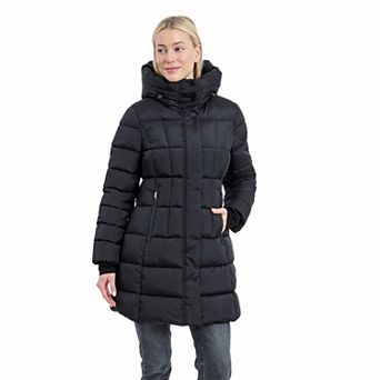 Women's London Fog Puffer Coat with Plaid Lined Hood