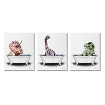 Stupell Home Decor Fun Dinosaurs 3 pk Bathroom Tubs Canvas Wall Art Set