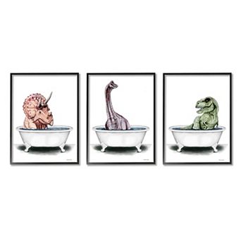Stupell Home Decor Dinosaurs 3 pk Bathroom Tubs Framed Canvas Wall Art