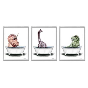 Stupell Home Decor Fun Dinosaurs 3 pc Bathroom Tubs Gray Framed Wall Art