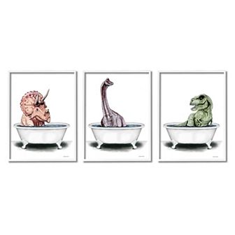 Stupell Home Decor Fun Dinosaurs 3 pk Bathroom Tub White Framed Wall Art