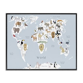 Stupell Home Decor Children's Animal World Map Black Framed Wall Art