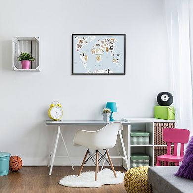 Stupell Home Decor Children's Animal World Map Black Framed Wall Art