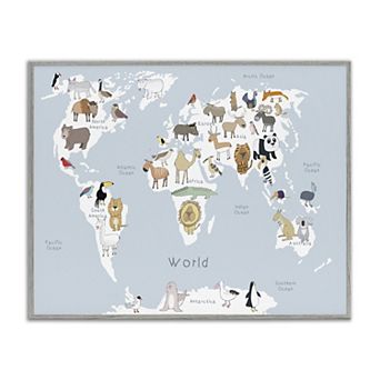 Stupell Home Decor Children's Animal World Map Gray Framed Wall Art