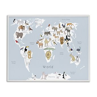 Stupell Home Decor Children's Animal World Map White Framed Wall Art
