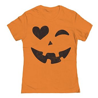 Women's Jack-O-Lantern Heart Winking Eye Pumpkin Face Graphic Tee