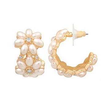 Emberly Gold-Tone Simulated Pearl Flower Hoop Earrings