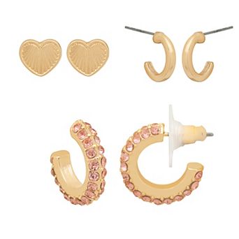 Emberly 3-Pair Gold-Tone Heart & Hoops Earring Set
