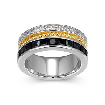 Classic Treasure Men's Two Tone Sterling Silver Black Sapphire & Lab-Created White Sapphire Ring