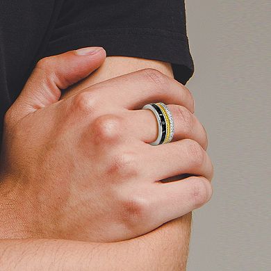 Classic Treasure Men's Two Tone Sterling Silver Black Sapphire & Lab-Created White Sapphire Ring