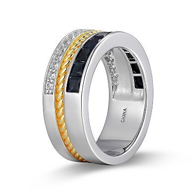 Classic Treasure Men's Two Tone Sterling Silver Black Sapphire & Lab-Created White Sapphire Ring