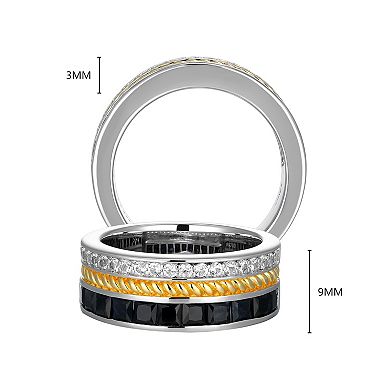 Classic Treasure Men's Two Tone Sterling Silver Black Sapphire & Lab-Created White Sapphire Ring