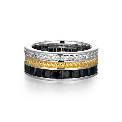 Classic Treasure Men's Two Tone Sterling Silver Black Sapphire & Lab-Created White Sapphire Ring