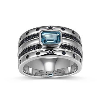 Classic Treasures Rhodium Over Sterling Silver Genuine Blue Topaz and Black Sapphire Ring