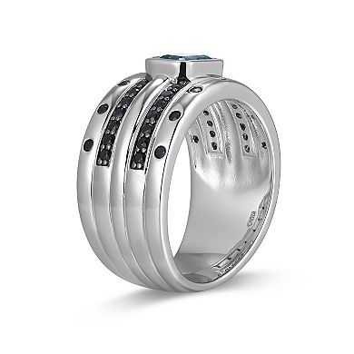 Classic Treasures Rhodium over Sterling Silver Genuine Blue Topaz and Black Sapphire Ring