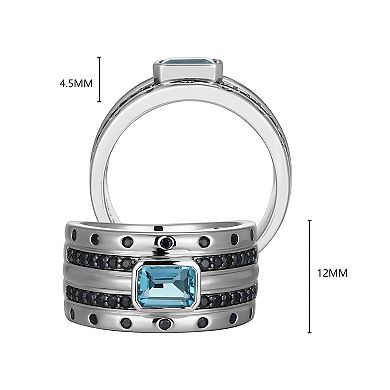 Classic Treasures Rhodium over Sterling Silver Genuine Blue Topaz and Black Sapphire Ring