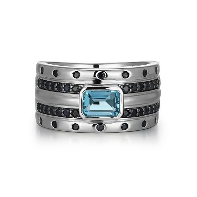 Classic Treasures Rhodium over Sterling Silver Genuine Blue Topaz and Black Sapphire Ring