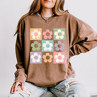 Simply Sage Market Checkered Flowers Lightweight Garment Dyed Sweatshirt