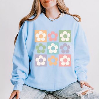 Simply Sage Market Checkered Flowers Lightweight Garment Dyed Sweatshirt