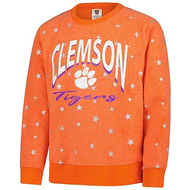 Girls Youth Wes & Willy Orange Clemson Tigers Shimmer Star Reverse Sweatshirt