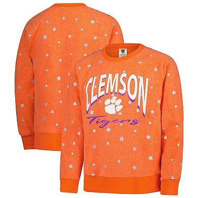 Girls Youth Wes & Willy Orange Clemson Tigers Shimmer Star Reverse Sweatshirt
