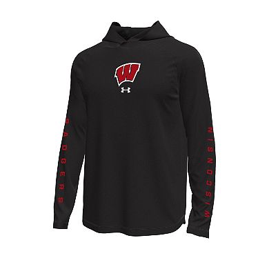 Men's Under Armour Black Wisconsin Badgers Tech Stretch Long-Sleeve Hooded T-Shirt