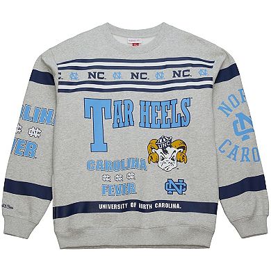 Men's Mitchell & Ness Heather Gray North Carolina Tar Heels All Over Print Sweatshirt