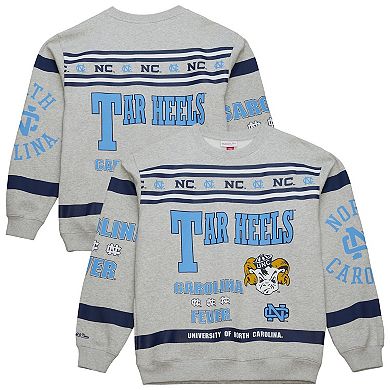 Men's Mitchell & Ness Heather Gray North Carolina Tar Heels All Over Print Sweatshirt