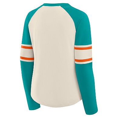 Women's Fanatics Cream/Aqua Miami Dolphins Hometown Gridiron Hero Raglan Lace-Up V-Neck Long Sleeve T-Shirt